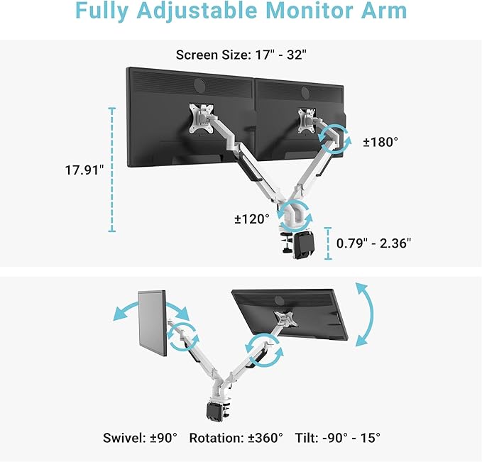 Progressive Desk Dual Monitor Arm - Gas Spring - Fits 17"-32" Monitors - 360° Rotation - Arm Holds Up to 40 lbs - VESA and Grommet Mount
