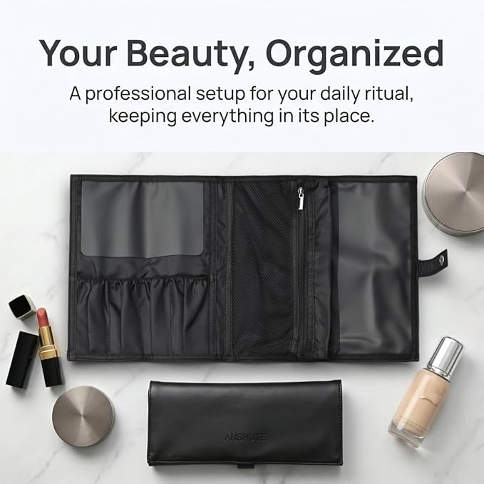 Travel-Ready Makeup Brush Organizer，Makeup brush holder travel Bag, Black - Multi - Zone PU Leather Cosmetic Case, roll up makeup bag organizer, Makeup Brush Case