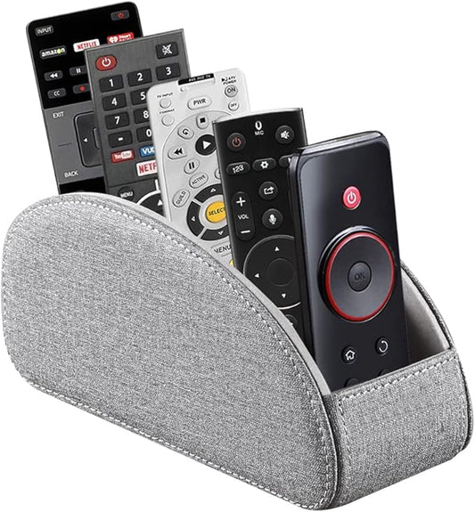 PU Leather Remote Control Holder,TV Remote Caddy with 5 Compartments,Bedside Table or Desktop Organizer for TV,DVD,Blu-Ray,Heater Controllers and Glasses,Media Player,Pen or Pencil Storage(Grey)