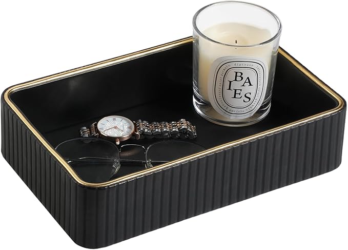 Desk Organizer Tray, PU Leather Nightstand Organizer Perfume Valet Tray for Men Women, Decorative Vanity Trays Trinket Dish Key Bowl for Entryway Table (Black, Small)