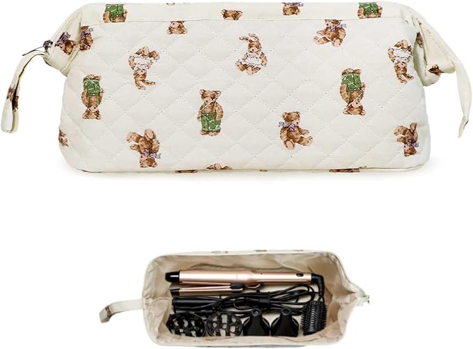 Stratalife Quilted Hair Tools Travel Bag with Polishing Cloth Compatible with Dyson Airwrap Shark Flex Style, Portable Toiletry Bag Hair Dryer Curling Iron Carrying Case Travel Essentials Cream Bear