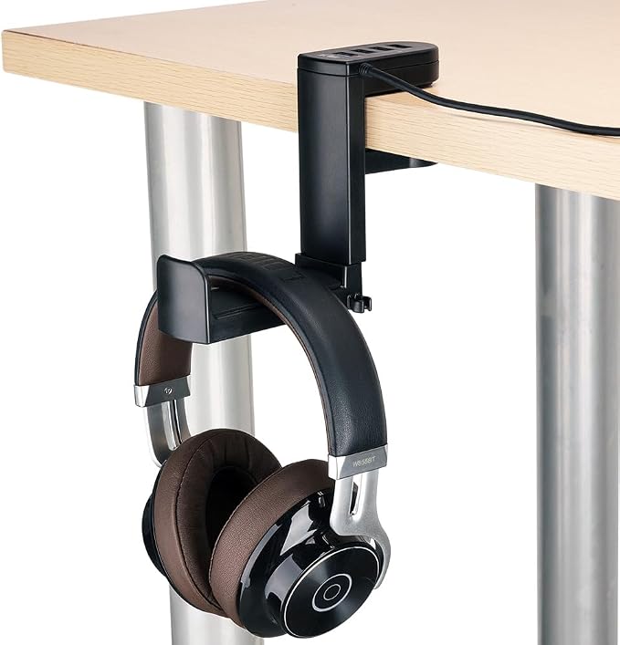 KIWIFOTOS Headphone Stand with 4 USB Ports Hub PC Gaming Headset Holder Hanger 360 Degree Rotation Clamp Under Desk Headphone Hook Mount with Cable Clip Organizer