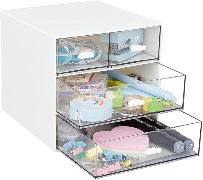 Desk Organizer with 4 Drawers, Clear Plastic Desk Storage Box, Desktop Organization for Office Supplies, Gel Pens, Pencils, Markers, Tape, Erasers, Paperclips, Chargers (White-4 Draws)