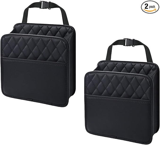 Foldable Car Seat Back Organizer, Large Capacity Hanging Car Backseat Storage Bag with Cup Holders, PU Leather Waterproof Car Trash Bag Can, Car Travel Accessories for Most Vehicles (2PCS)