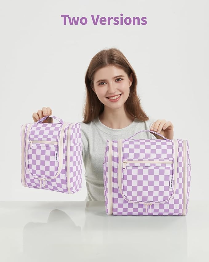 Narwey Checkered Hanging Travel Toiletry Bag for Women, Travel Bag for Toiletries, Makeup Bag Organizer Cosmetic Bags Make Up Bags for Women (Purple Checkerboard)