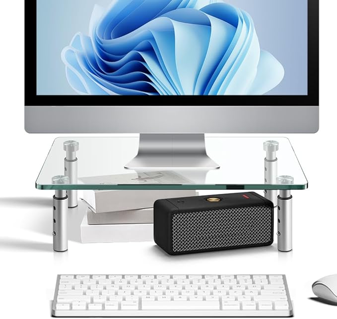KKTONER GLASS Monitor Stand with Height Adjustable for Home Office 2 Pack Computer Monitor Riser PC Screen Riser for Desk Organzier Laptop