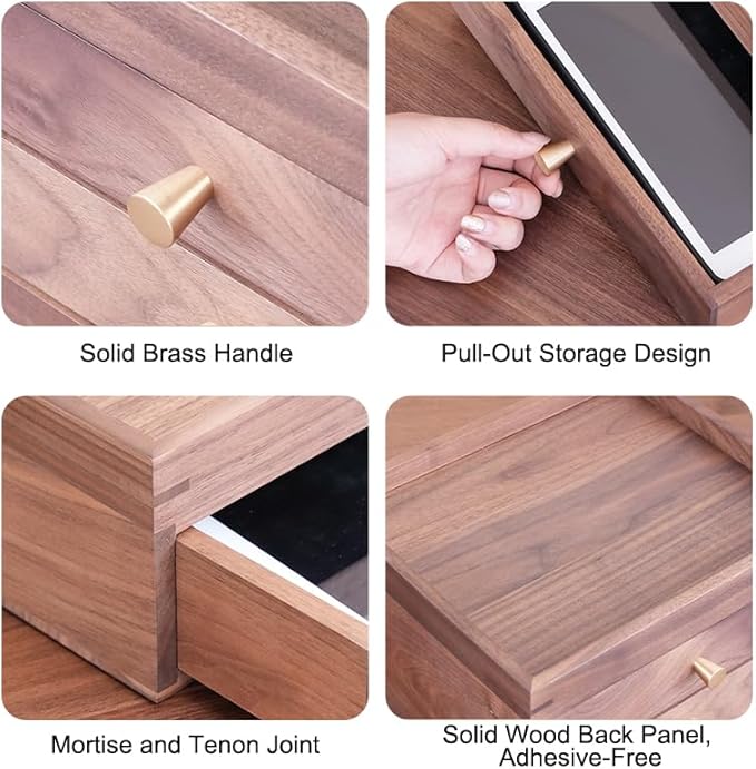 Solid Walnut Wood Desk Drawer Organizer – 1/2 Tier Desktop Storage Box with Drawers for Stationery, Makeup, Jewelry, Remote Control (Double)