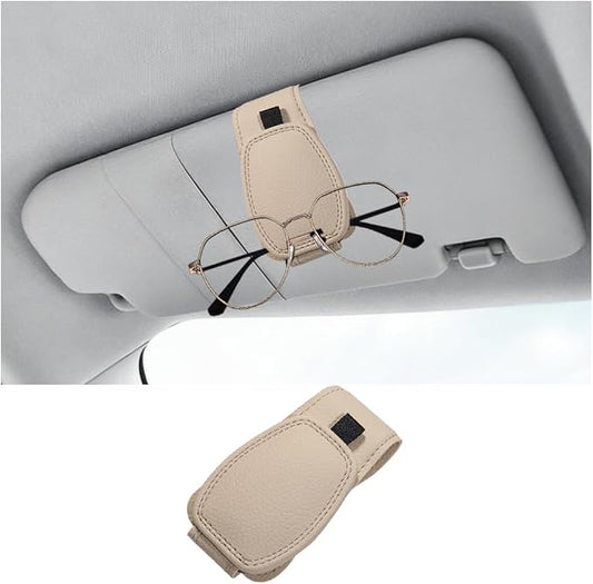 Sunglass Holder for Car Visor, Magnetic Leather Vehicle Sun Visor Storage Clip for Different Size Eyeglasses, Automotive Interior Glasses Ticket Card Clip, Universal for SUV RV Truck (Beige)
