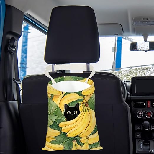 Black Cat Car Trash Bag, Banana Car Trash Bag Hanging, Banana Accessories, Summer Decor Waterproof Cars Back Seat Hanging Organizer Garbage Can for Vehicle Travelling Camping