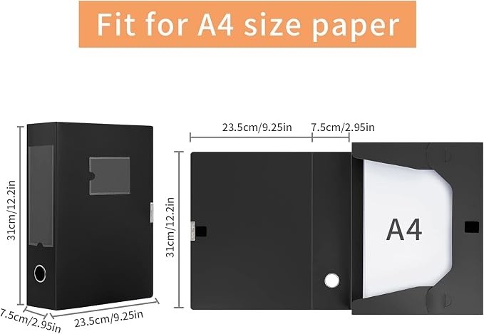 HUA JIE A4 Storage File Boxes Plastic Archives Cases with Lid, File Folder Organizer Document Filing Box for office,31×7.5×23.5 cm, Black(Pack of 4)