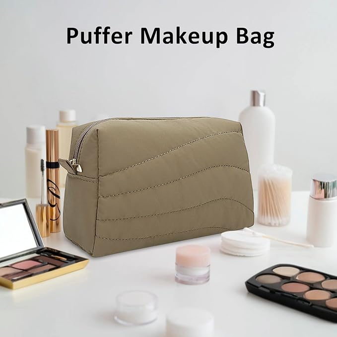 Travel Makeup Bag for Women, Small Cosmetic Bags Organizer Toiletry Bag, Nylon Pouch Travel Essentials Toiletries Accessories Brushes, Khaki