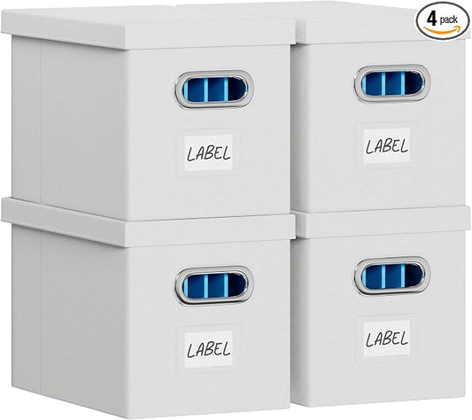 FHSQX File Box with Lid-File Organizer Box Set of 2 Portable Hanging File Box-Decorative Filing Storage Boxes for Office & Home File Cabinet (White, 14 x 9.3 x 10.9 in (4Pack))