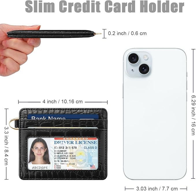 Slim Credit Card Holder Crocodile Wallet Women Thin Alligator Wallets RFID Blocking Minimalist Lightweight Small Cute Cards Holders with ID Window, Black