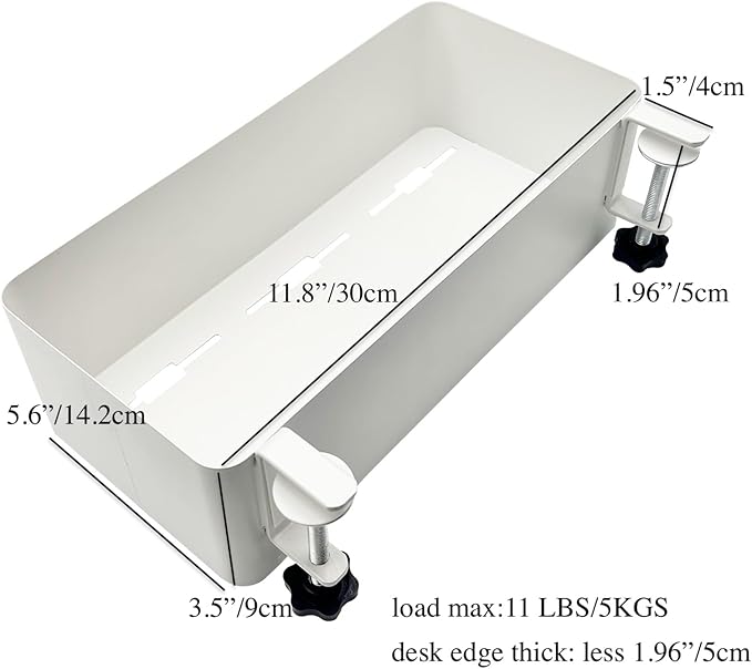 Desk Side Storage Hold Up To 11lbls Hanging Side Of Desk Organizer Clamp On Table Edge To Store Office Accessories, Gaming Devices, Cups For Office, Living Room, Dinning Room (White)
