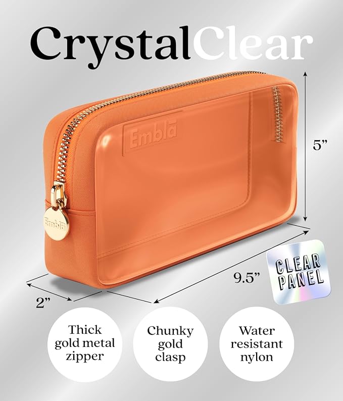 Embla Medium Clear Makeup Bag Travel for Toiletries Cute Make Up Nylon Organizer Pouches Quart Size Cosmetic Bags for Women Girls Zipper Toiletry Skincare Pouch Organizer for Purse Orange