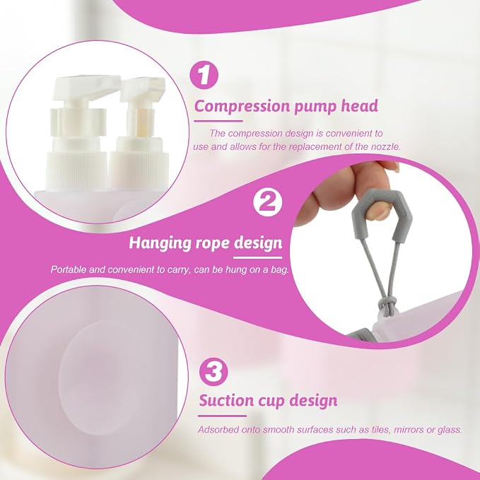4-in-1 Travel Dispenser Bottles, Suction Cup and Adjustable Height Design, Travel Toiletry Containers with Labels and Storage Bag, Leak-Proof Compact Travel Set for Shampoo, Conditioner, Body Wash.
