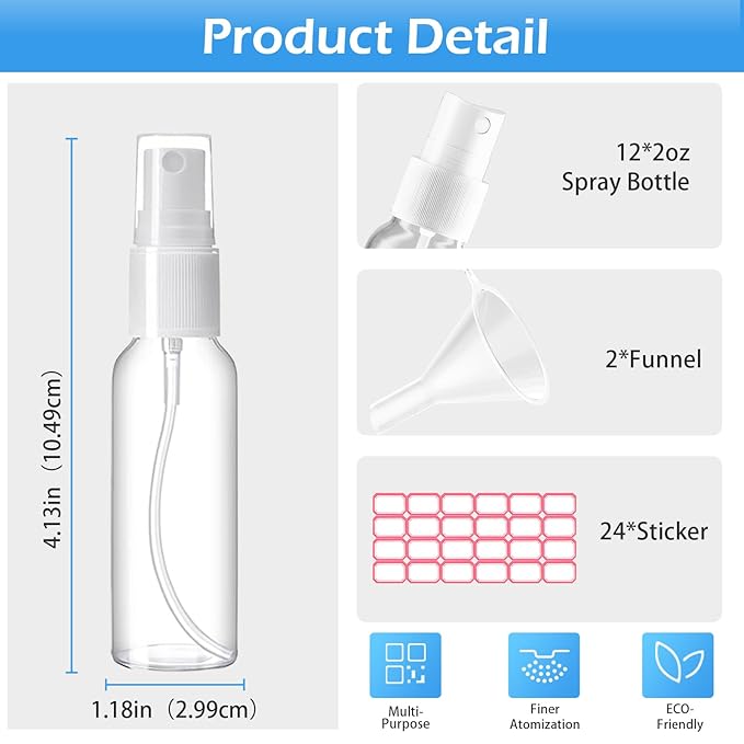 Zoizocp Spray Bottles, 2oz/50ml Clear Empty Fine Mist Plastic Mini Travel Bottle Set, Small Refillable Liquid Containers with 2pcs Funnels and 24pcs Labels (12 Pack)