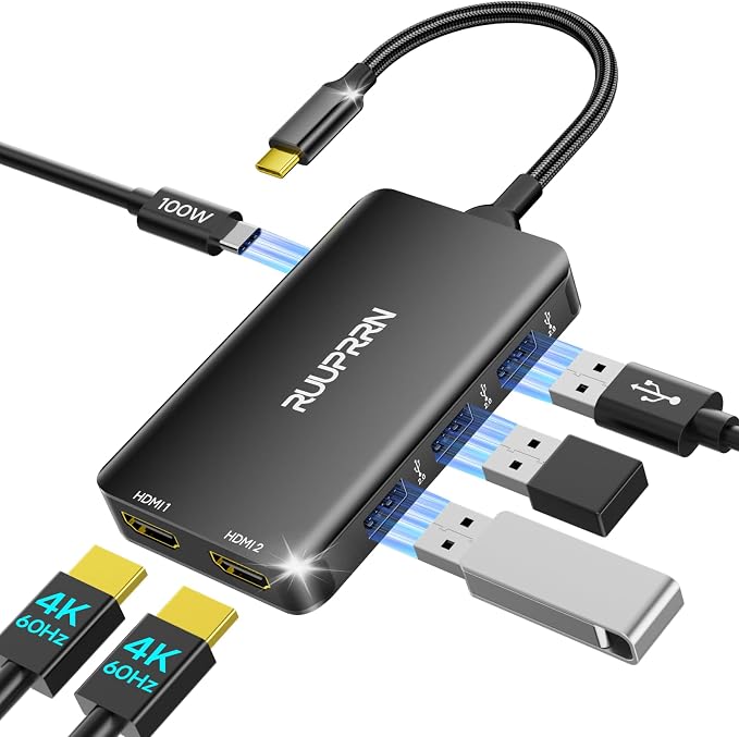 6-in-1 USB Hub (0.99FT), USB C to Dual HDMI Adapter 4K@60Hz, HDMI Splitter Extended Display for Dual Monitors with 100W PD Port, USB 2.0, Dual Monitor Adapter for MacBook Neo/Air/Pro, XPS, HP