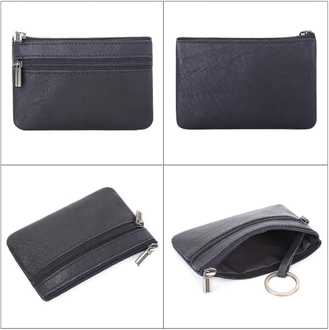 Genuine Leather Coin Purse, Small Coin Pouch for Men Women, Cash Change Wallet Key Holder Money Pouch with Key Ring, Zipper Storage Bag Coin Organizer