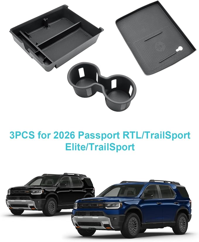 CDEFG 3Pcs Center Console Organizer for 2026 Honda Passport (RTL/TrailSport Elite/TrailSport) Accessories Middle Console Storage Box Cup Holder Wireless Charging Console Mat