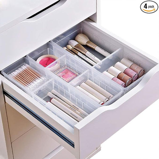 Chris.W Desk Drawer Organizer Tray with Adjustable Dividers, Multi-Drawers for Makeups, Utensil, Pens, Flatware and Junks - Set of 4 (2 Large + 2 Small) 10.24 Inch Length