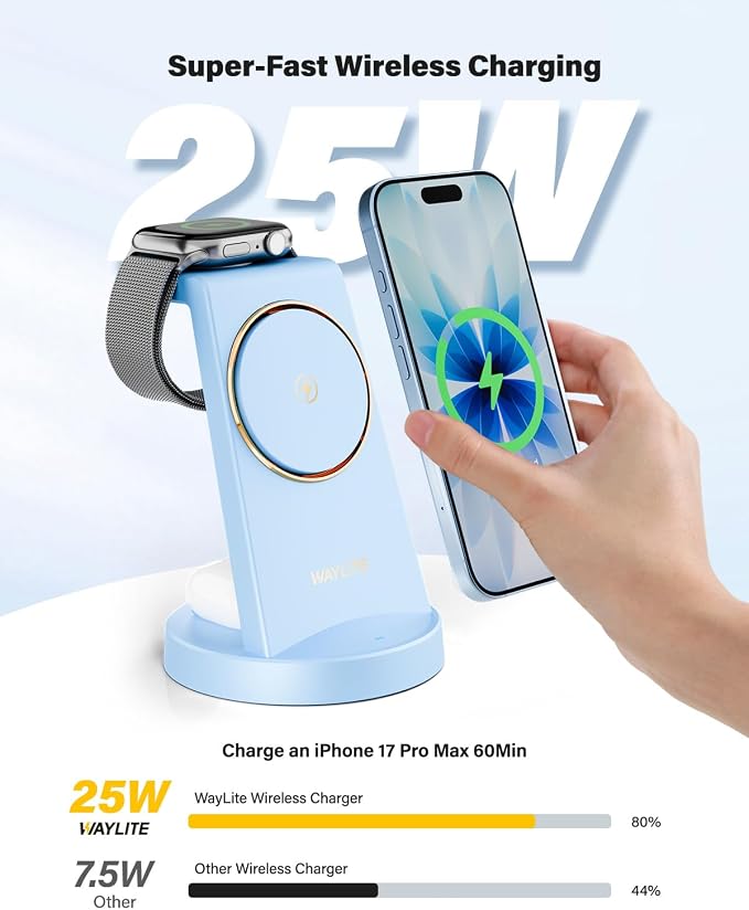 3 in 1 Fast Charging Station for iPhone, 25W Wireless Magnetic Phone Charger for iPhone 17 16e 16 15 14 13 12 Serise, Watch Charger Stand, Wireless Charging Station for AirPods 4 3 Pro, Blue