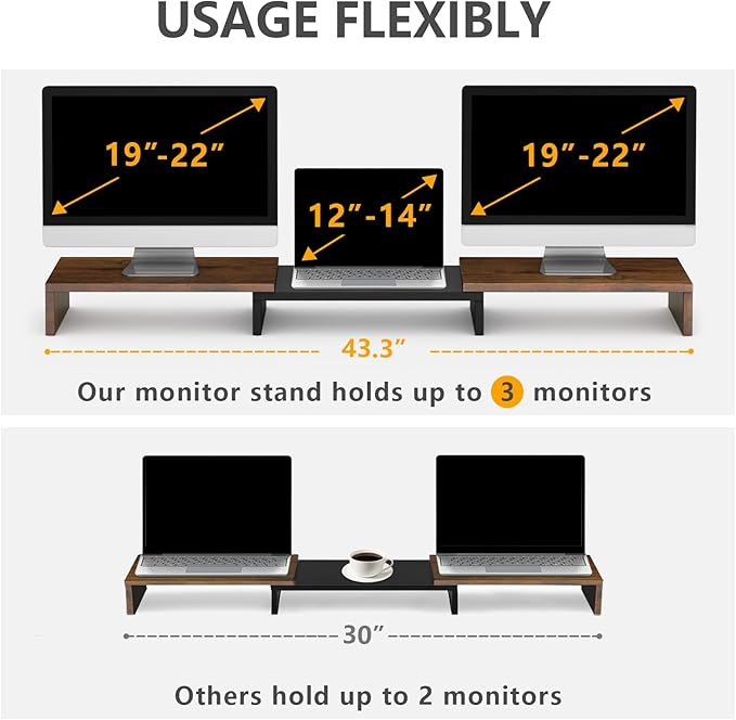 TAVR Dual Monitor Stand Riser, Computer Monitor Stands for 2 Monitors, Extra Long Multifunctional Wooden Desktop Organizer Riser for Computer, Laptop, PC, Printer, TV, Max 43.3" Length, Rustic Brown