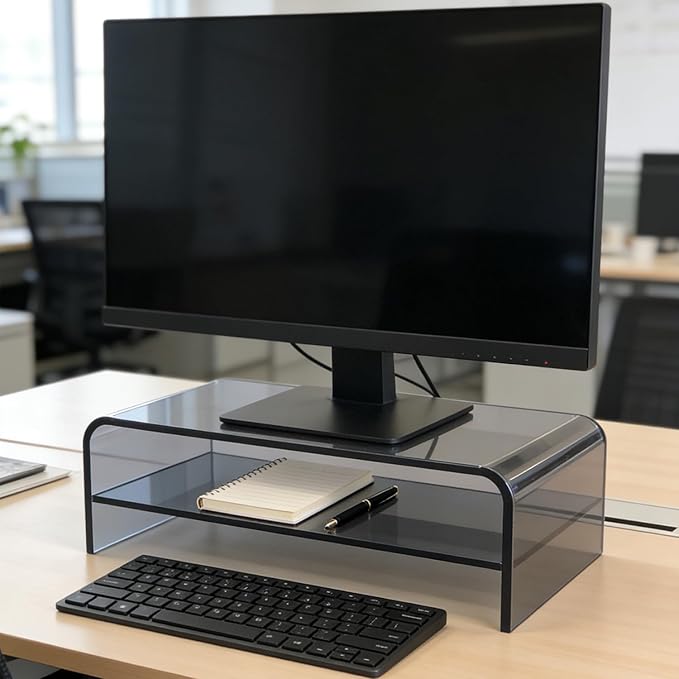 Clear Acrylic 2-Tier Monitor Stand & Desk Organizer - 16"x9.4"x5.5 H Home Office Riser with Keyboard Storage, Fits PC, Laptop, iMac, Printer, TV & Multi-Media Devices (Transparent grey)