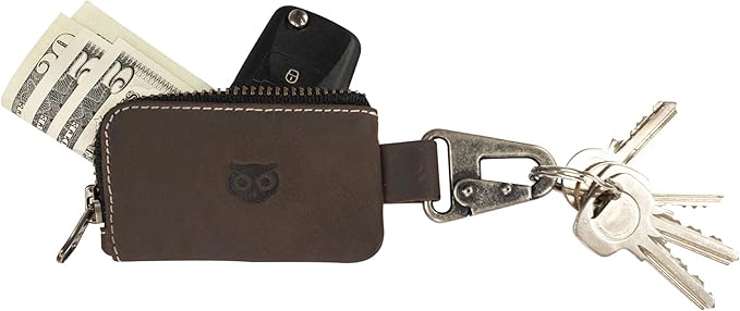 Hide & Drink, Car Key Holder Handmade from Full Grain Leather, Headphone & Charging Cables, Cash Zipper Case with Clasp (Bourbon Brown/White Stitching)