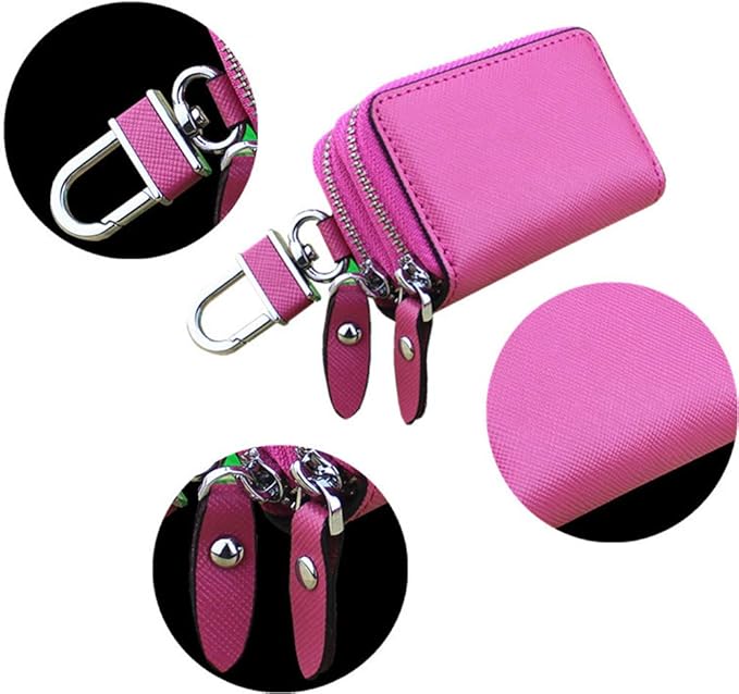 Key Fob Case Genuine Leather, Double Zipper Car Key Holder & Key Wallet with Keychain, Key Pouch for Purse Gift