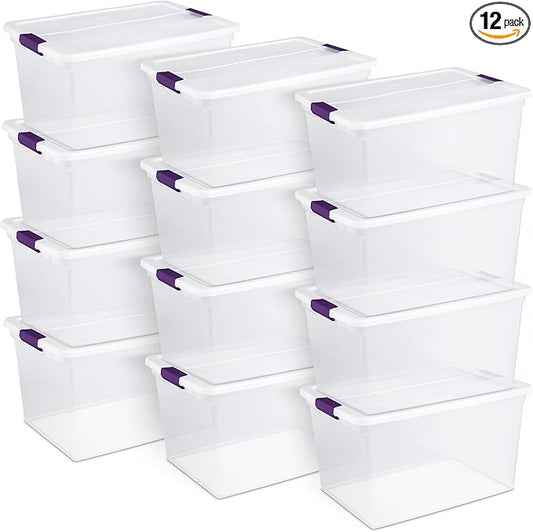 Sterilite 66 Qt ClearView Latch Storage Box, Stackable Bin with Latching Lid, Organize Clothes, Blankets, Items in Closet, Clear Base and Lid, 12-Pack