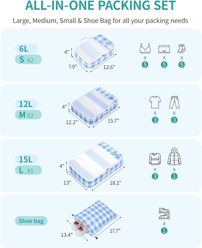 ECOHUB 6 Set Packing Cubes for Travel Durable Suitcase Organizer Bags Set with Personalized Tag Travel Essentials with Shoe Bag Traveling Accessories for Luggage Machine Washable,Light Blue
