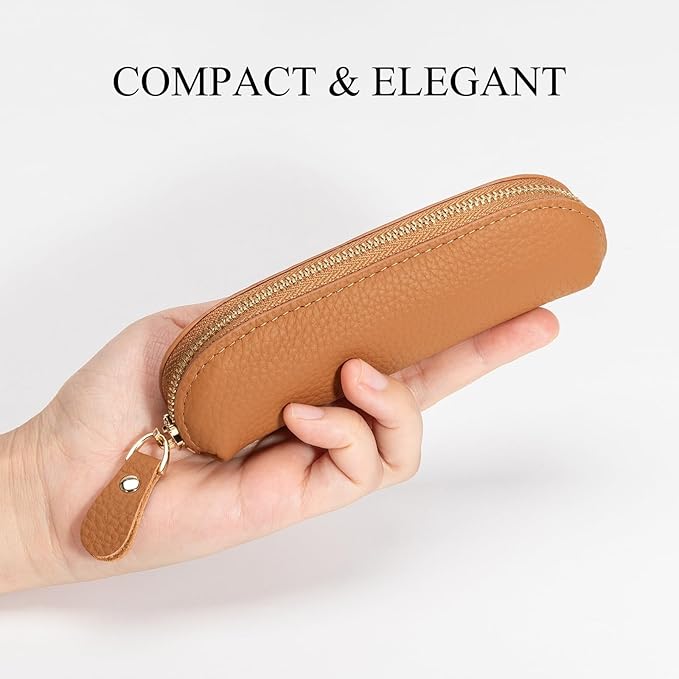 Full Grain Leather Coin Pouch - Travel Small Coin Purse with Zipper - Mini Key Pouch Change Purse for Women and Men (Brown, Large Size)