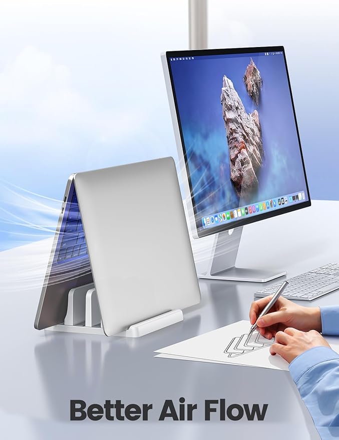 Vaydeer Vertical Laptop Stand for Desk, Dual Slots Plastic Laptop Holder Organizer with Space Saving 4-in-1 Design, Adjustable Laptop Stand Storage Supports MacBook, Chromebook, Surface, Dell (White)