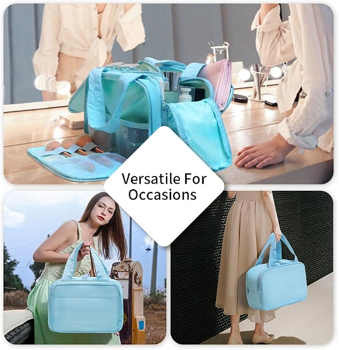 Puffer Travel Toiletry Bag – Large Capacity 11.8”L Makeup Organizer, 4 Compartments, Waterproof Wet/Dry Separation, Ultra-Light Taslan Fabric – Ideal for Business Trips, Gym, Family Vacation, Camping