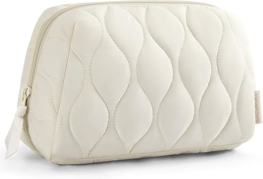 BAGSMART Makeup Bag, Travel Cosmetic Bag, Puffy Padded Make Up Bag for Women, Makeup Organizer Case, Wide-open Pouch Purse, Travel Essentials, Toiletries Accessories Brushes, Beige