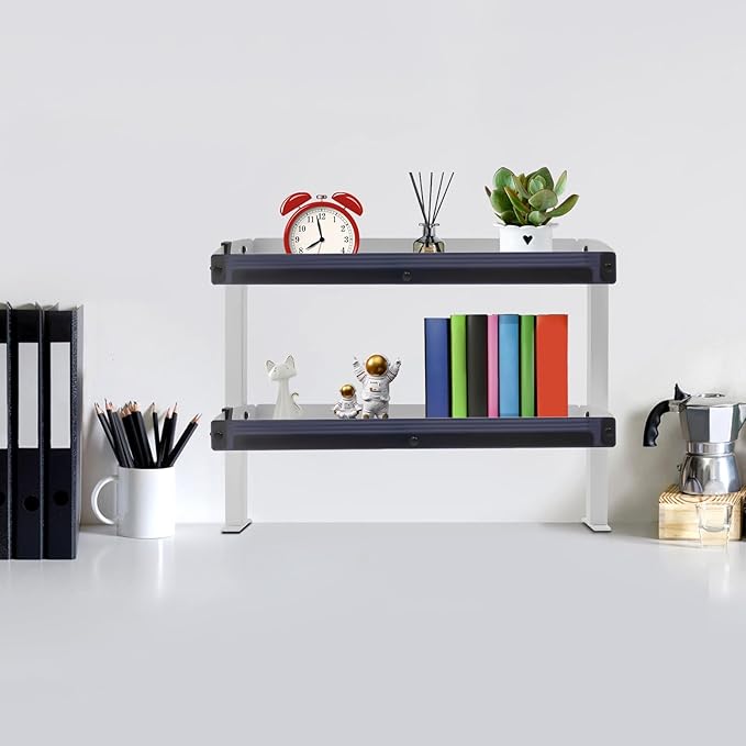 Clamp-On Desk Shelf, 2-Tier Desktop Bookshelf Desktop Supplies Storage Rack with Adjustable Storage Tray and Accessories 1.57in Heightened Guardrail for Office Study Game Room (White)