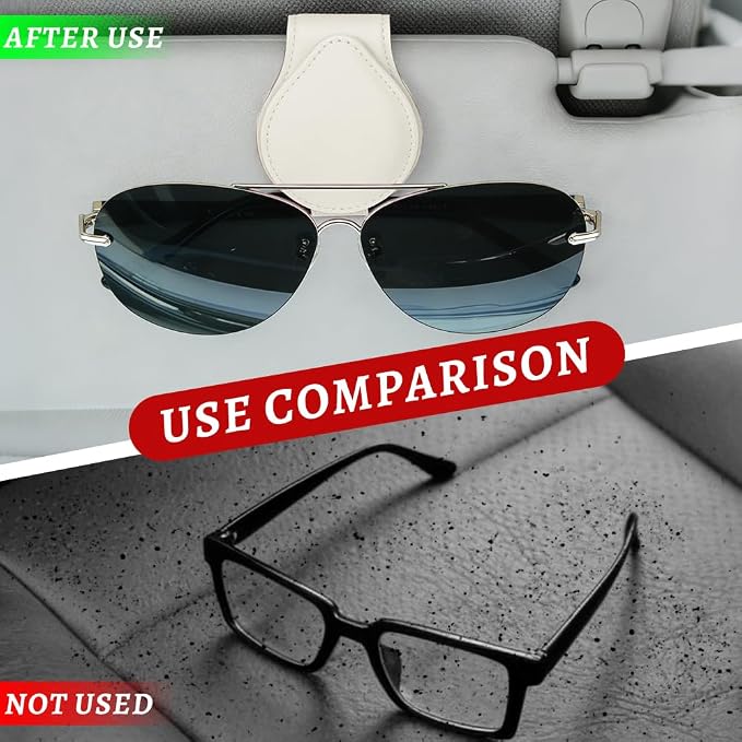 Sunglasses Holders for Car Visor, PU Leather Car Organizer, Magnetic Glasses Holder and Ticket Card Clip, Multi-Functional Auto Sun Visor Eyeglass Holder for Most Vehicles (White)