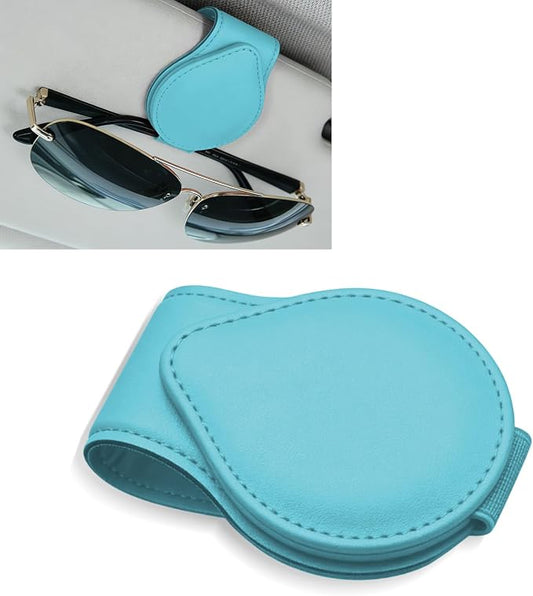 Sunglasses Holders for Car Visor, PU Leather Car Organizer, Magnetic Glasses Holder and Ticket Card Clip, Multi-Functional Auto Sun Visor Eyeglass Holder for Most Vehicles (Blue)