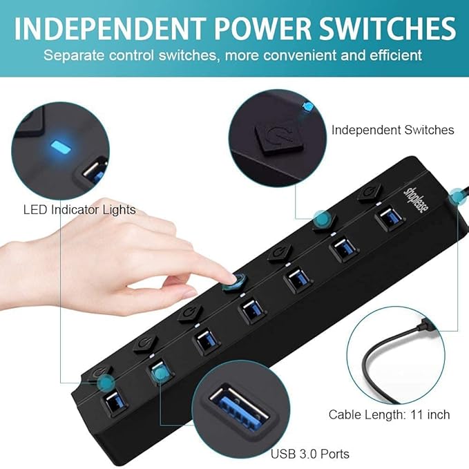 7-Port USB 3.0 Hub with Individual Power Switches and LED Lights, High-Speed Data Hub Splitter Portable USB Extension Hub for PC Laptop and More (No Power Adapter)