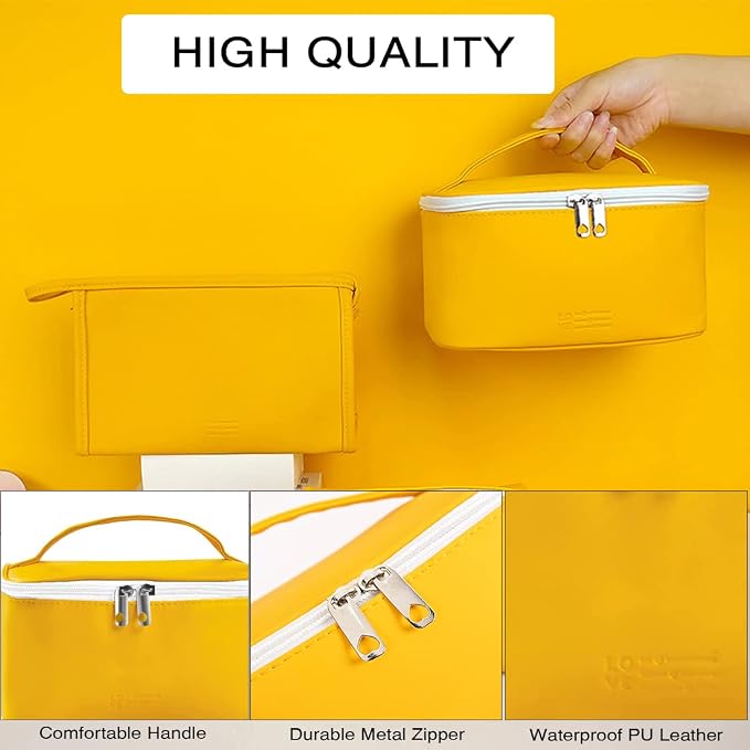 FITINI 3 Pieces Makeup Bag for Women Travel Toiletry Bag Portable Cosmetic Pouch Organizer with Girls Small Brush Holders Zipper Waterproof Storage Case,Yellow