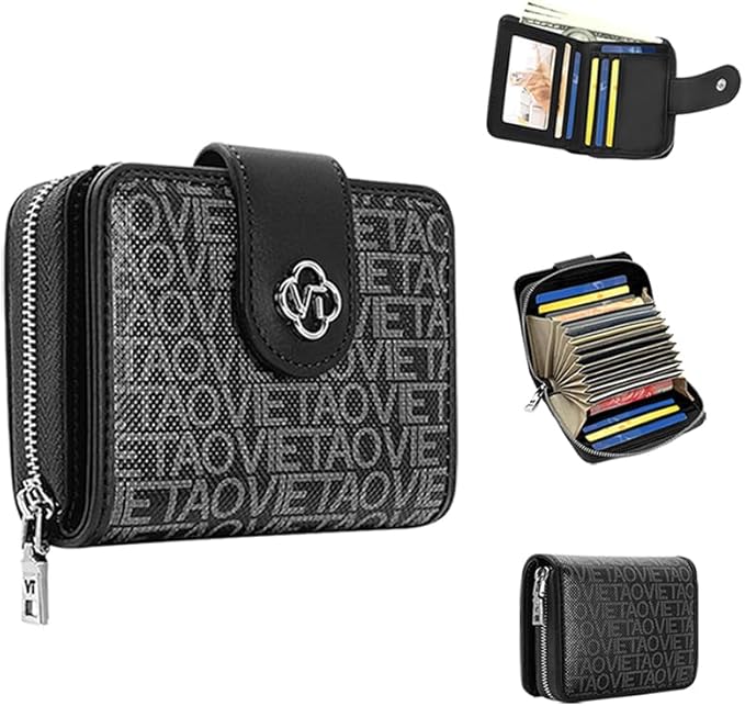 Credit Card Wallets for Women, Leather Cardholder with Zipper Around, Small Rfid Ladies Wallet, Accordion Compact Bifold Purse for Travel, 19 Card Slots, ID Window, Cash Organizer - Black