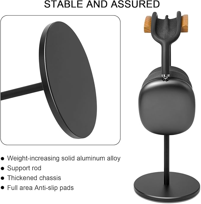 Headphone Stand for Desk - Gaming Headset Stand with Wooden Support Plate, Headset Holder with Aluminum Alloy Support Rod