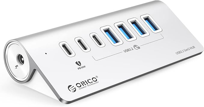 ORICO 7-Port USB 3.2 Gen2 Hub, Powered USB 3.2 Hub with 4 USB-A, 2 USB-C, PD 60W, 72W Power Adapter, 10Gbps Aluminium USB-Splitter with 1.64Ft USB-C to USB-A/C Cable for iMac, MacBooks, Mac mini