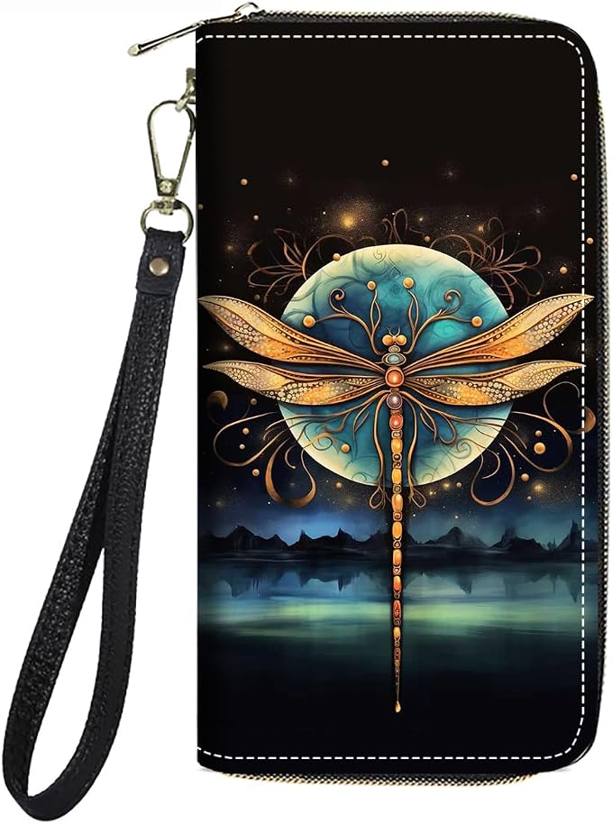 Women's Large Capacity Wallet PU Leather Zip Around Clutch Purse Multifunctional Wallet with Removable Wristlet Strap for Smart Phone/Coin/Card/Cash - Dragonfly
