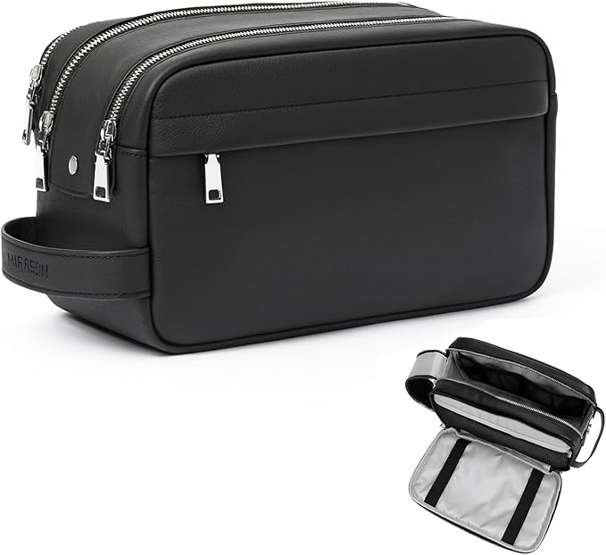 MIRASON Travel Toiletry Bag for Men Thickened Leather Travel Bag for Toiletries, Dopp Kit Water-resistant Shower Bag for Shaving Gym Bathroom Organizer Gifts for Men, Black