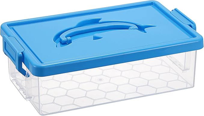 BTSKY 1-Pack Clear Plastic Storage Box with Lid, Stackable Organizer Featuring Easy-Lift Dolphin Design, Multi-Use Portable Container for Home, Craft, Office, Space-Saving with Secure-Clasp, Blue