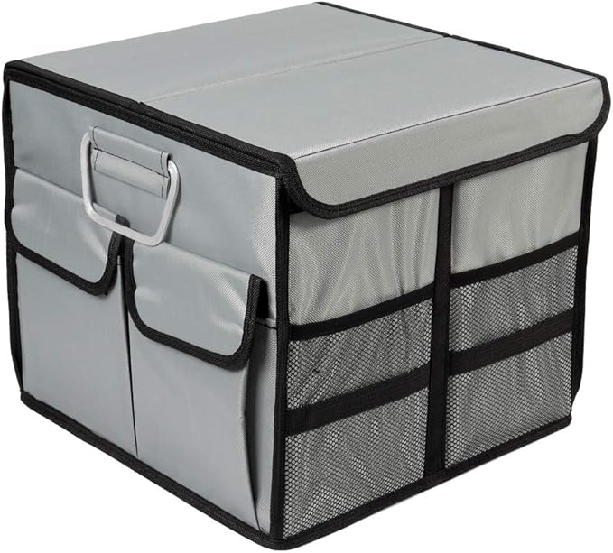 Car Trunk Organizer Collapsible Portable Multi Compartments Organizer with Non Slip Straps for SUV Truck Auto Vehicle Car Auto Minivan (Small covered, Space gray)