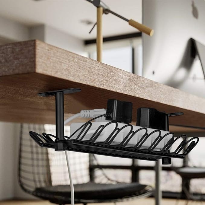 2 Packs Cable Management Tray, 14 inch Under Desk Cable Holder for Wire Management, Heavy Metal Cord Organizer Ideal for Computer Home Office Standing Tables to Hide Power Strips (Black)