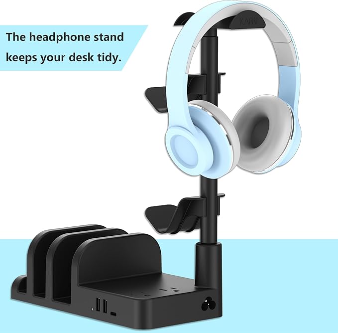 KAFRI Headphone and Controller Stand with USB A&C Charger, Desk Gaming Accessories Headset Holder with USB Charging Port and 2 AC Outlets, Switch/Phone Storage Organizer, Gamer Gift for Men Boyfriend